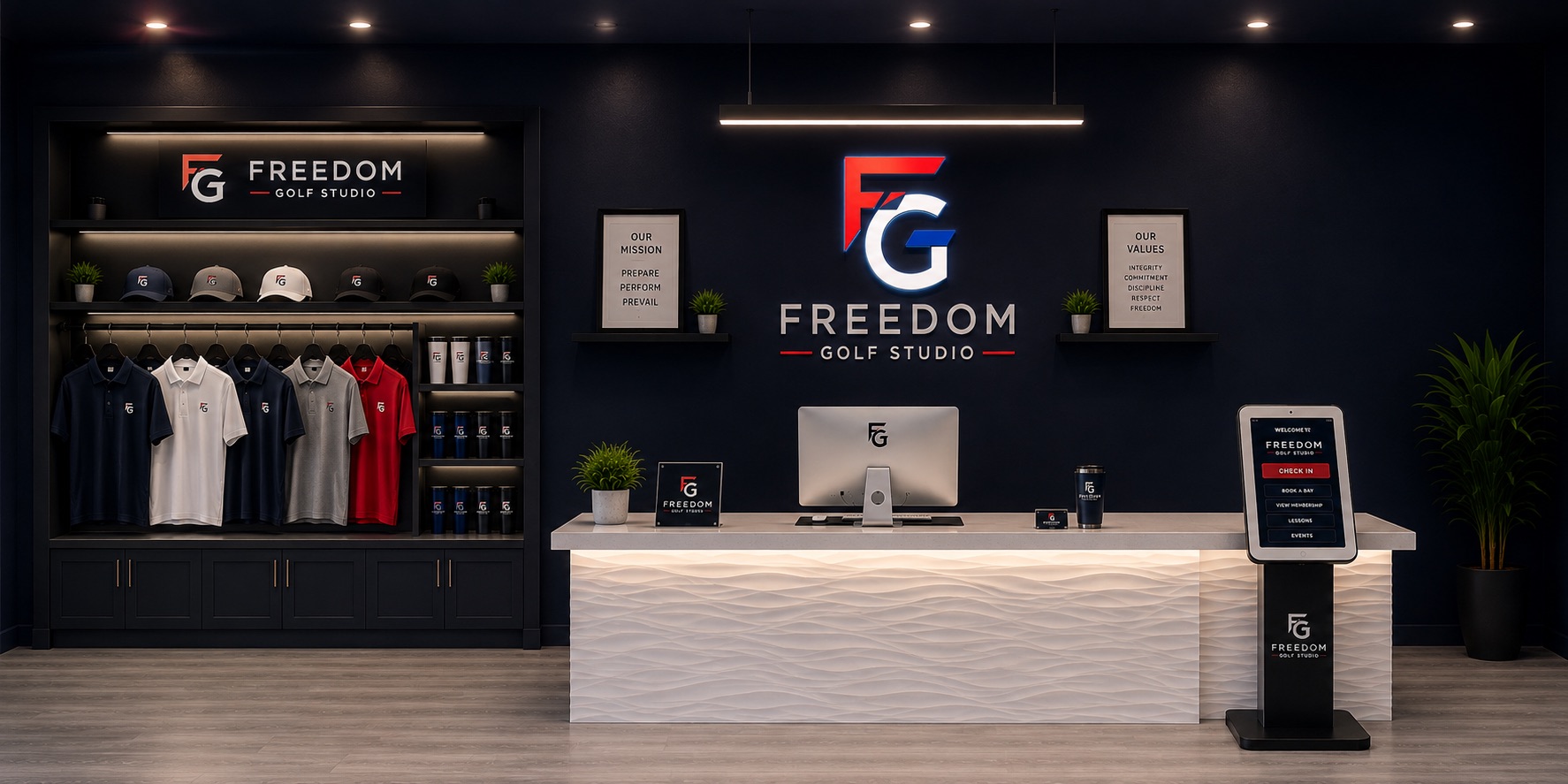 Freedom Golf Studio check-in and retail rendering
