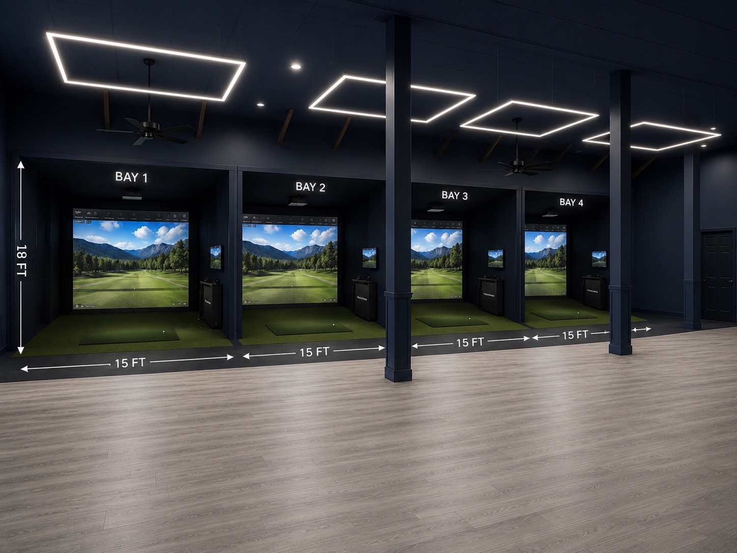 Freedom Golf Studio TrackMan hitting bay rendering